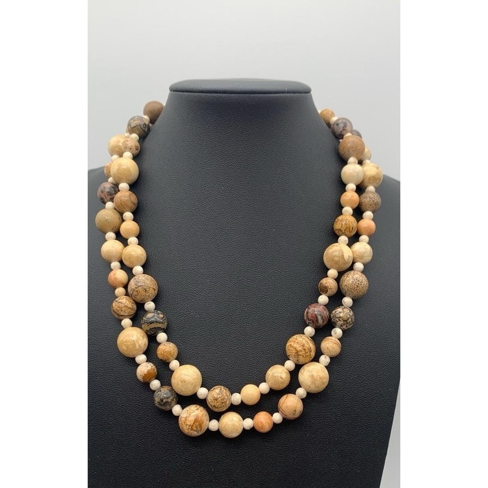 Vintage Double Strand Picture Jasper Bead Choker Necklace 925 Clasp 16-18"